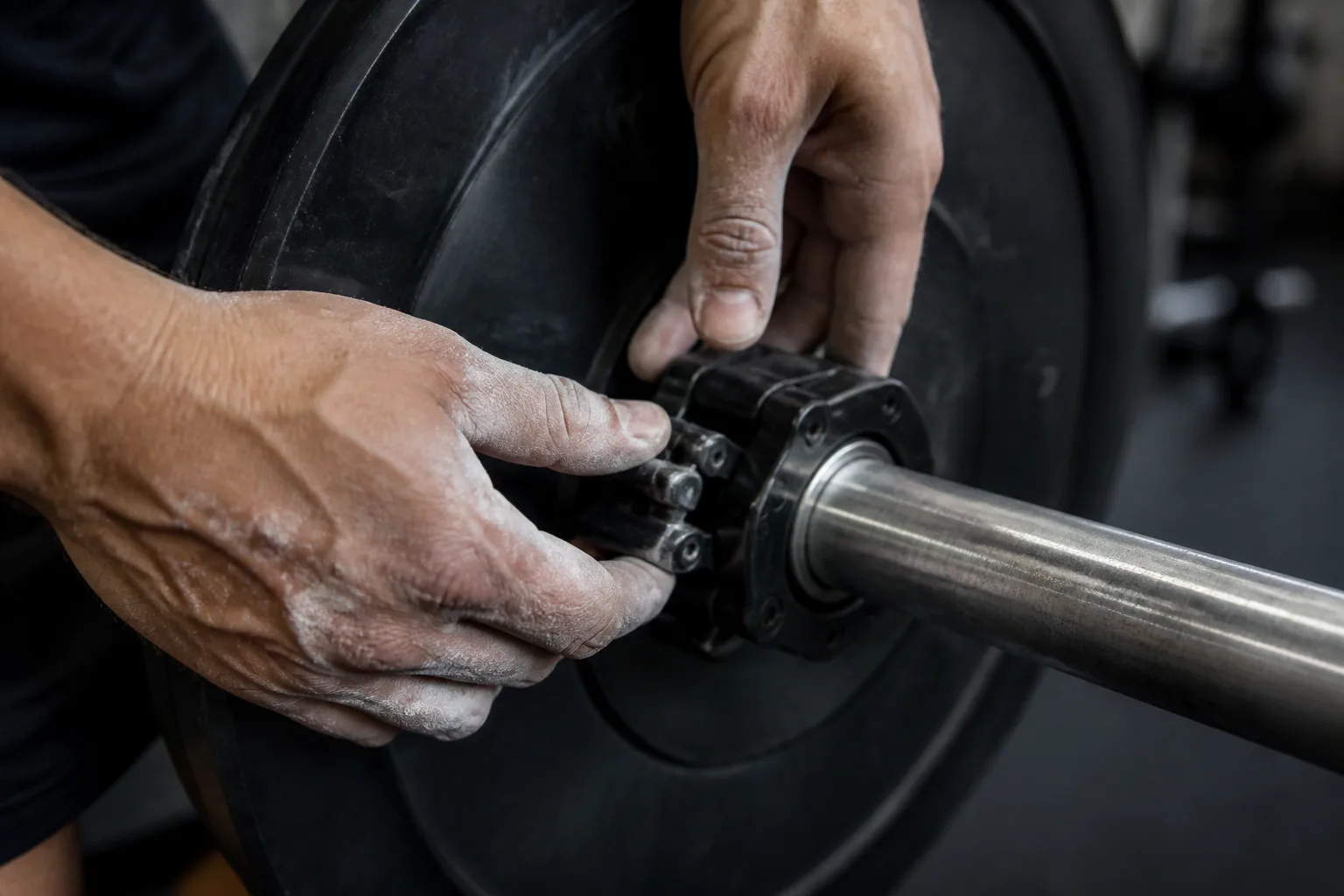 Chalked hands securing a barbell collar beside bumper plates.